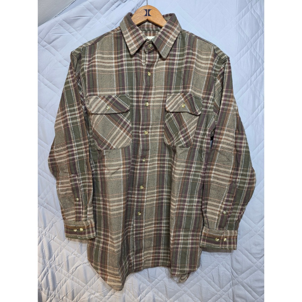 Northwest Territory Mens Flannel Shirt Medium Brown Green Plaid Cotton Button Up